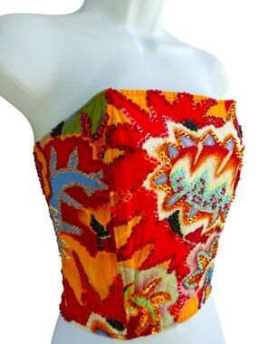 Vintage 90s Naga Milo Corset Vibrant Beads Sequin Boning Bustier Smocked Hook L